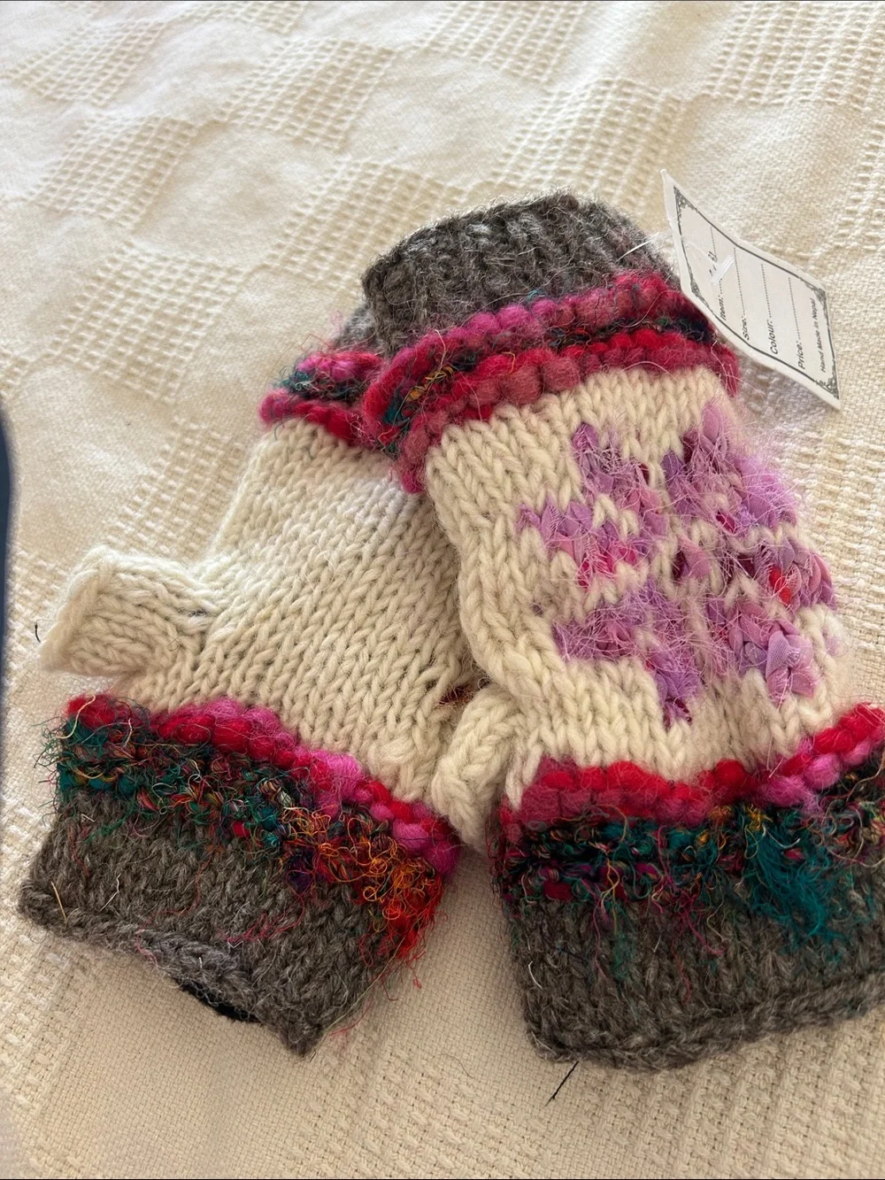 100% Wool Knitted Hand Warmers Colourful Fingerless Silk Hippy Boho Gloves sm